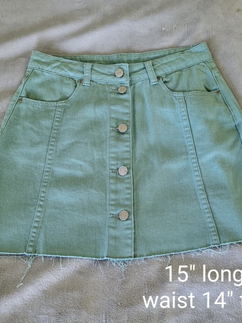 NWT - Blue Blush Denim Mini Skirt S Mint Green Distressed Hem